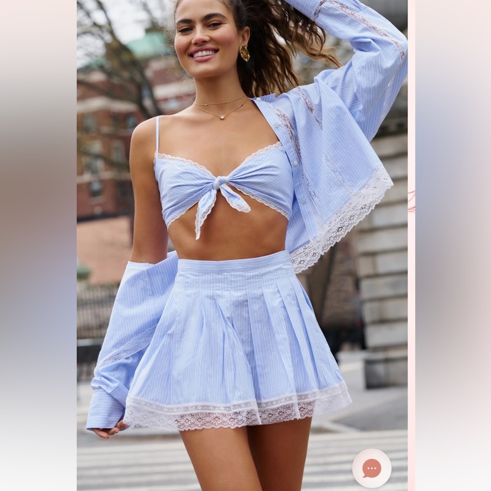 LoveShackFancy Arvine Cotton Pinstripe Bra Top in Sky Lagoon